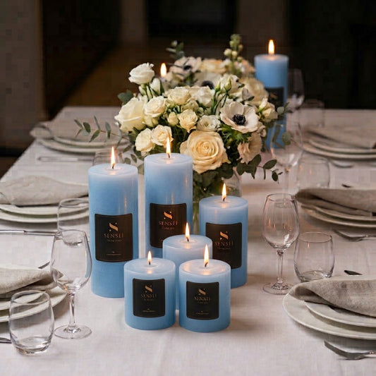 נרות יצוקים SENSEI בניחוח אושן בצבע תכלת דולקים על שולחן ערוך בלבן, עם פרחים לבנים ואאוקליפטוס