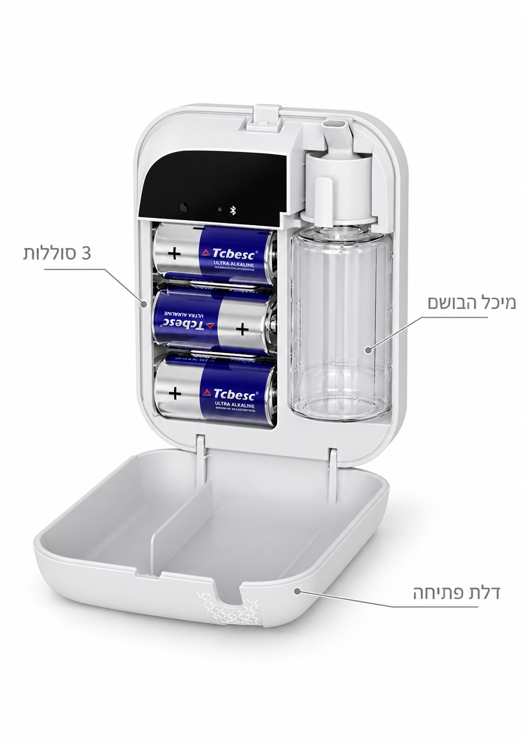 מפיץ ריח חשמלי S150 פתוח: מיכל השמן ותא ל-3 סוללות | SENSEI